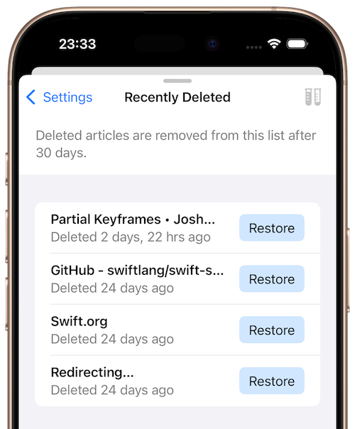 The "Recently deleted" list in Flyleaf 2.3.3