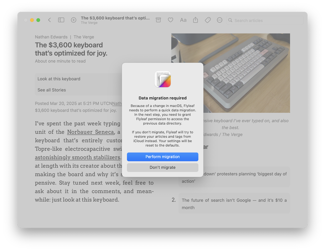 The new Flyleaf 2.2.2 App Group migration flow. The dialog says: "Because of a change in macOS, Flyleaf needs to perform a quick data migration. In the next step, you need to grant Flyleaf permission to access the previous data directory. If you don't migrate, Flyleaf will try to restore your articles and tags from iCloud instead. Your settings will be reset to the defaults."