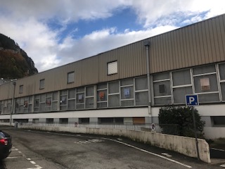 The outside of a gymnasium, with every window decorated by a small Star-Wars–themed poster.