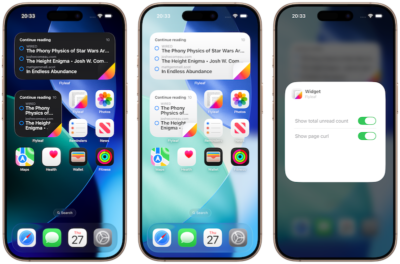 Screenshots of the new Flyleaf widgets on iPhone.