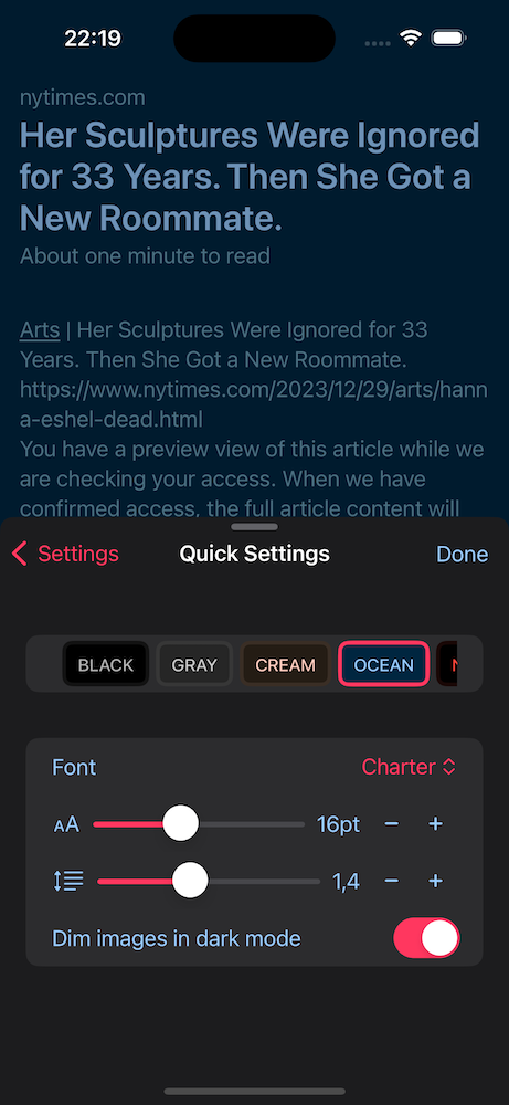 The iPhone app quick settings sheet